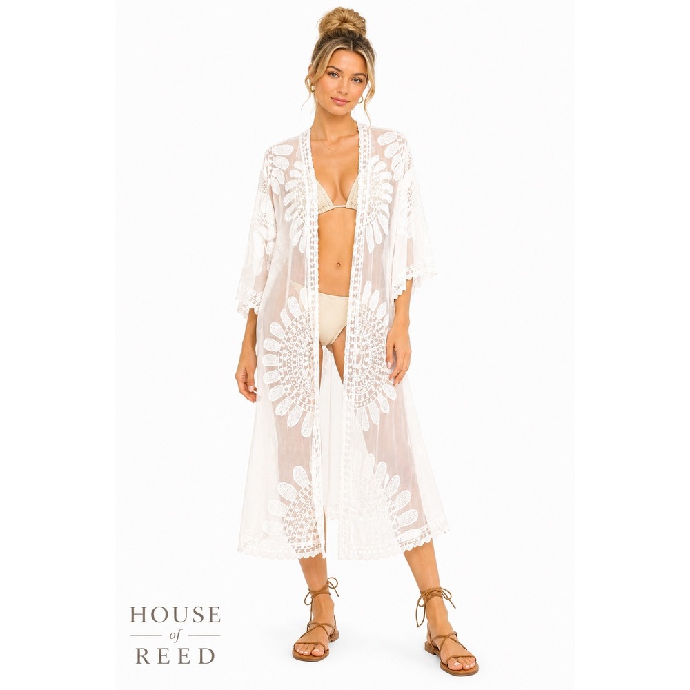Janice Apparel White Lace Kimono Longline Cardigan Cover Up Boho One Size NWT